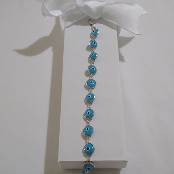 Sterling Silver 925 Nazar Evil Eye Protection Station Bracelet, 8" - Picture 3 of 7